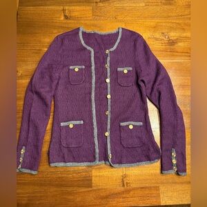 Trina Turk Fabulous classic cardigan in purple 100% wool